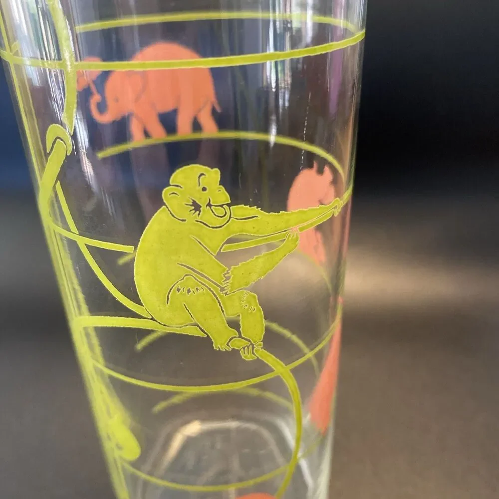 Vintage MCM Federal Glass Pink Elephant & Monkey Musical Notes Highball Glass